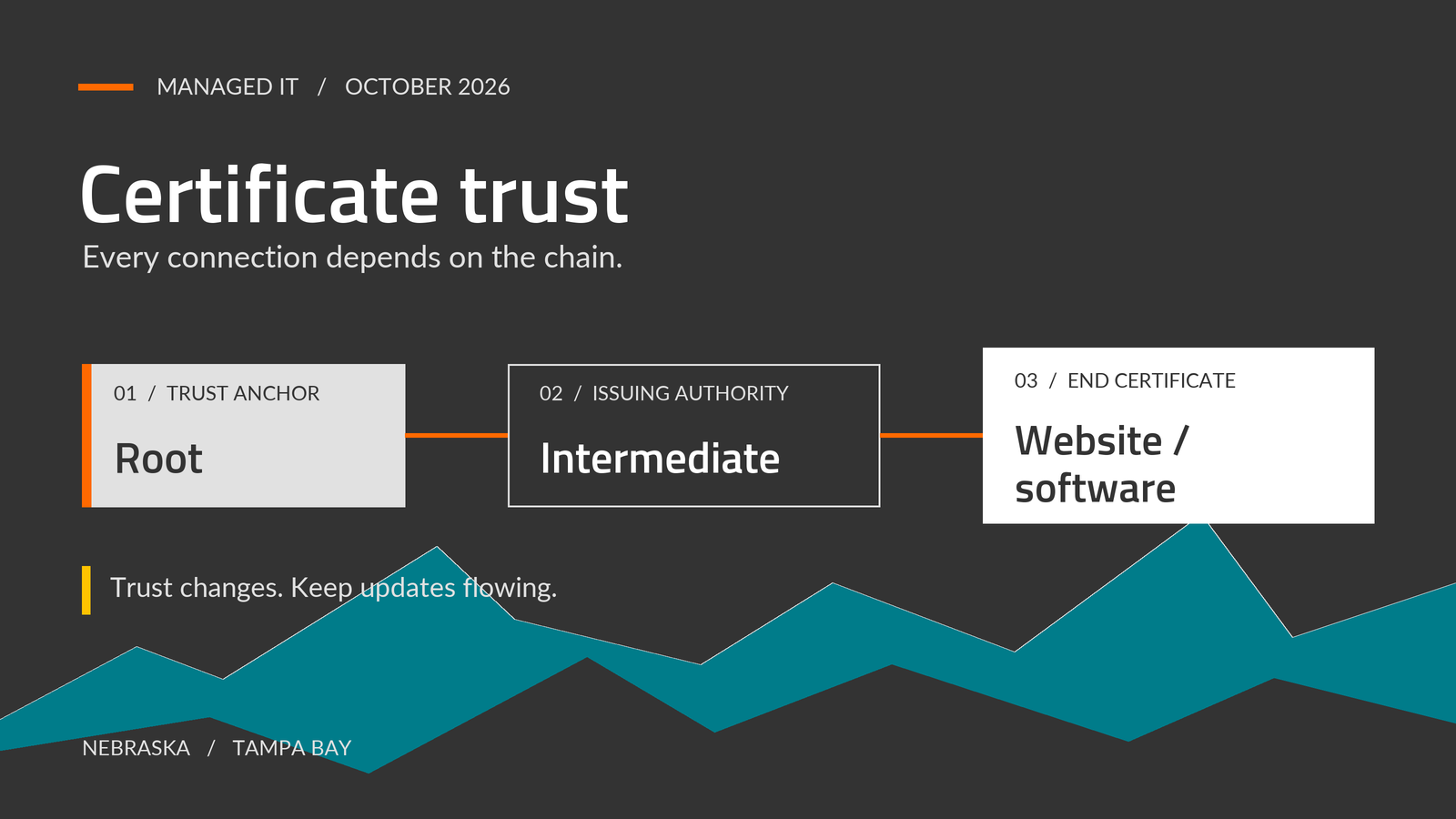 Certificate trust diagram linking a root, an intermediate, and a website or software certificate above an abstract mountain horizon.